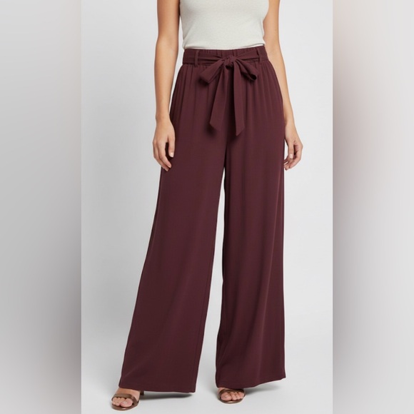 Burgundy Wide Leg High Waisted Tie Waist Trousers